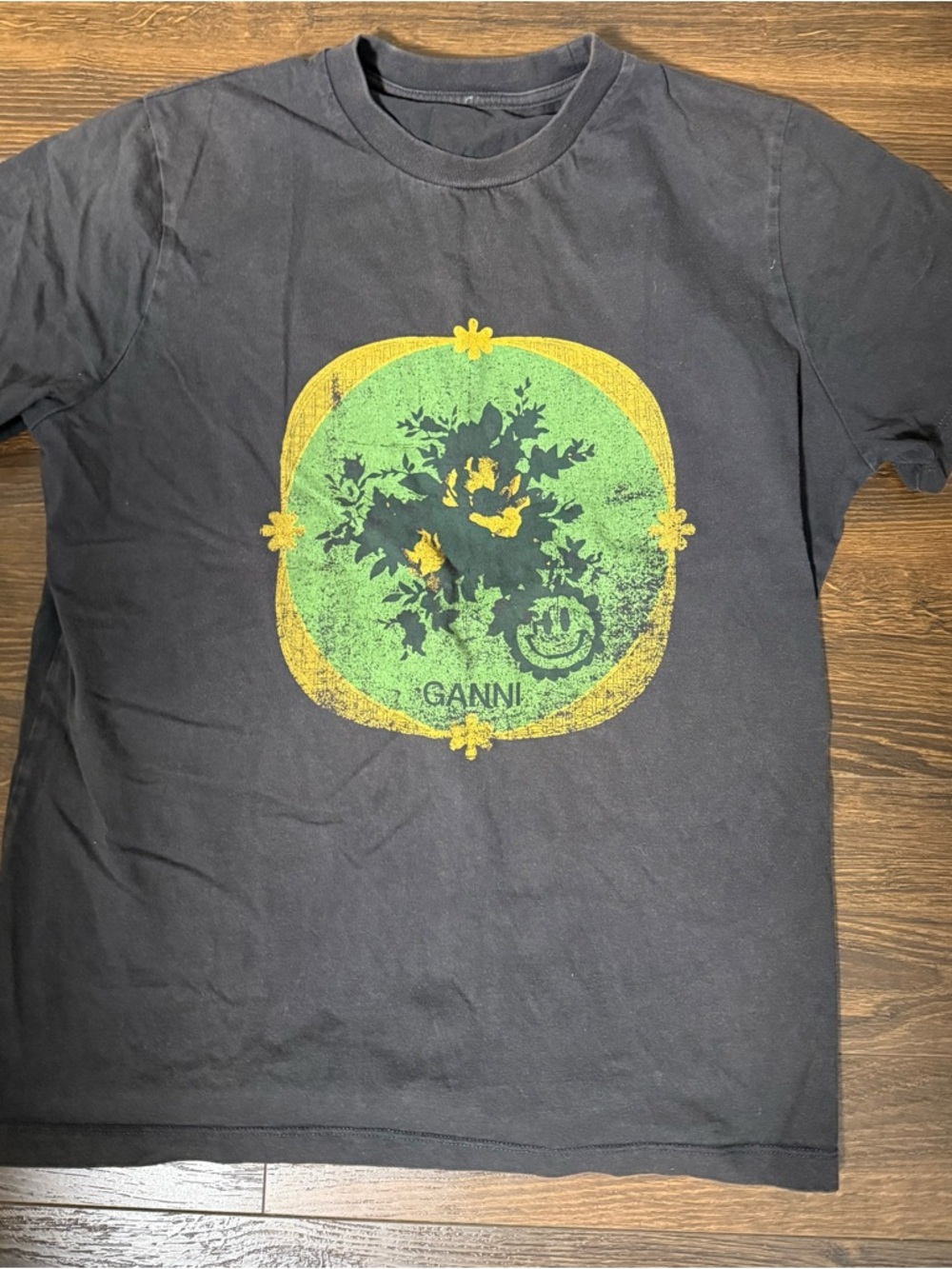 Ganni Black Short Sleeve Tee with Green & Yellow Graphic